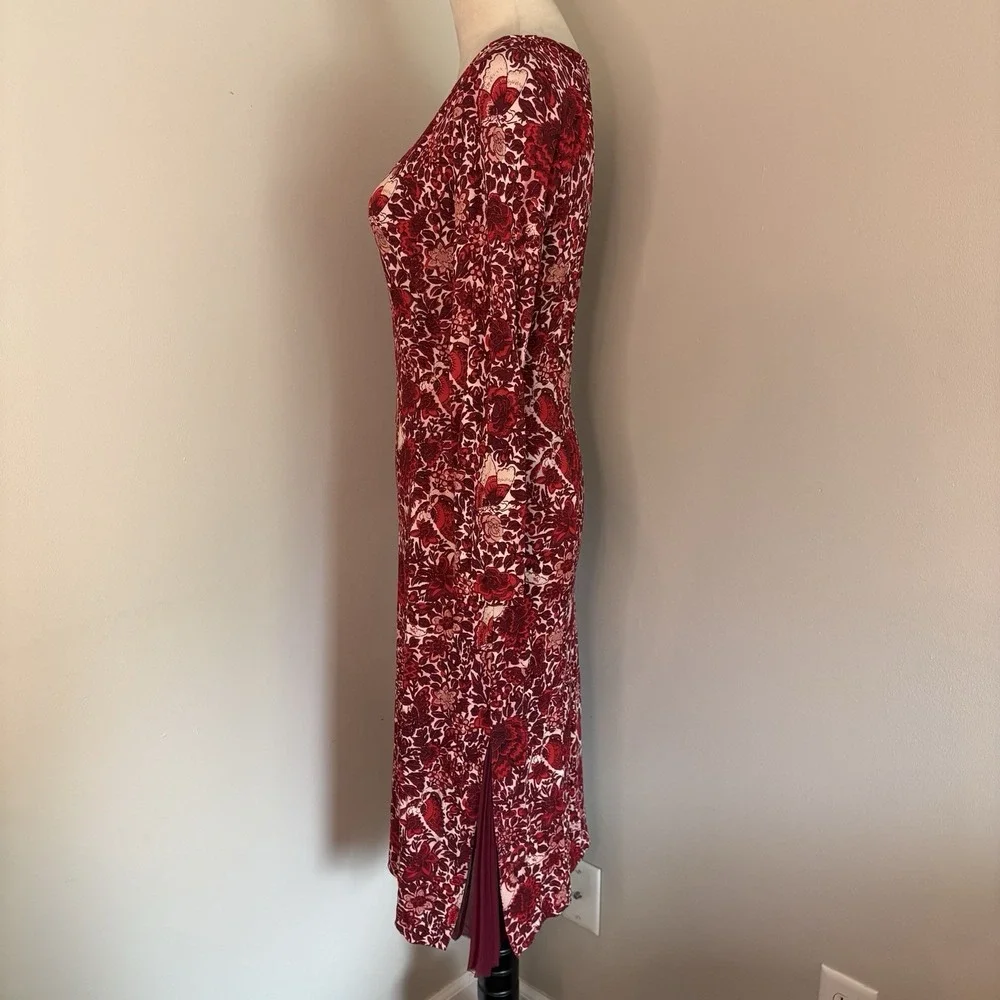 Tory Burch Ria Red Butterfly Floral Dress S Sheath Pleated Side Slit Long Sleeve